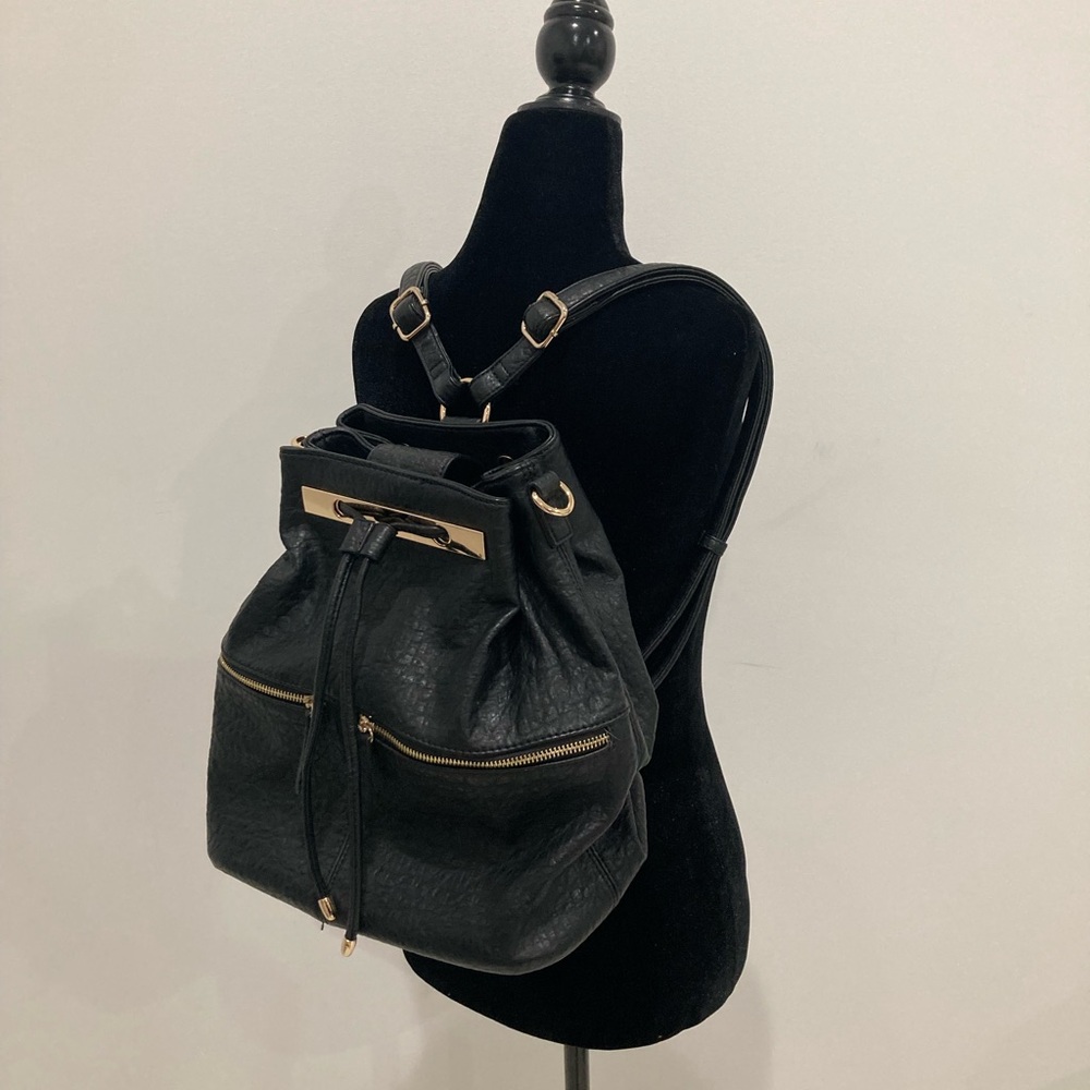 Black Leather Knapsack Backpack Purse Gold Hardware